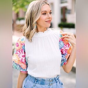 THML On Your Heart White Embroidered Sleeve Blouse White Size M